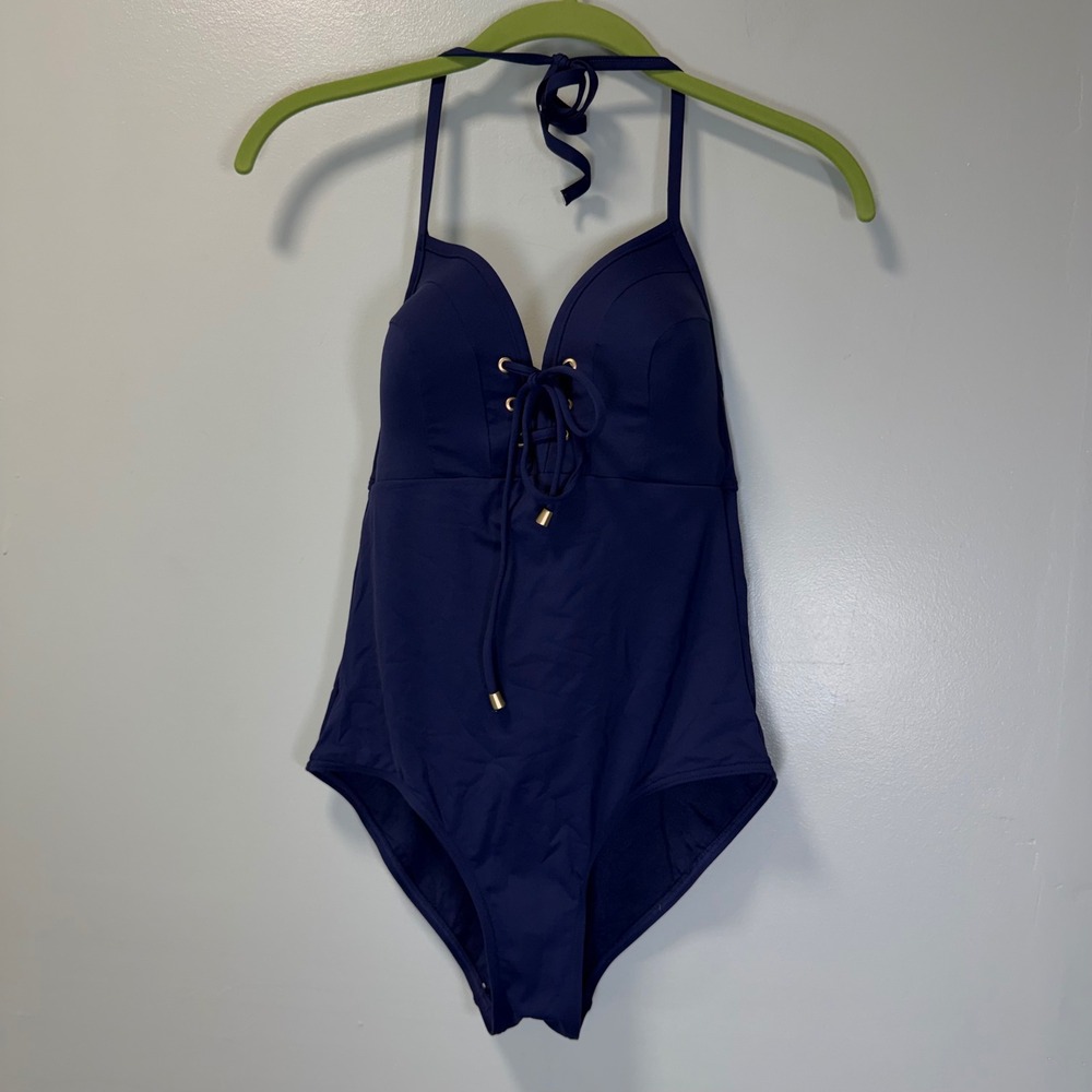 Niptuck Swim Navy Blue Lace Up Halter One Piece Swimsuit Multi Fit Cup Size 4